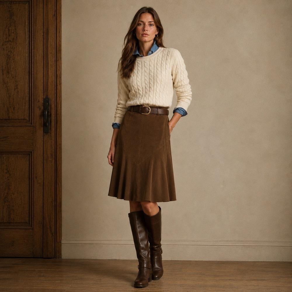 Brown Faux Suede Flared Midi‎ Skirt 16W Earthy Classic Boho Chic Fall Festival